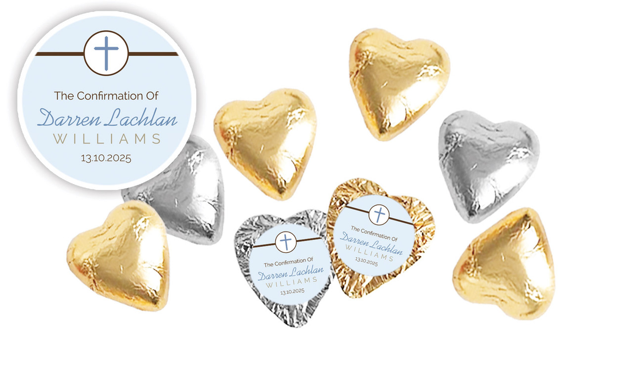 Cross Blue Confirmation Personalised Foil Chocolate Hearts