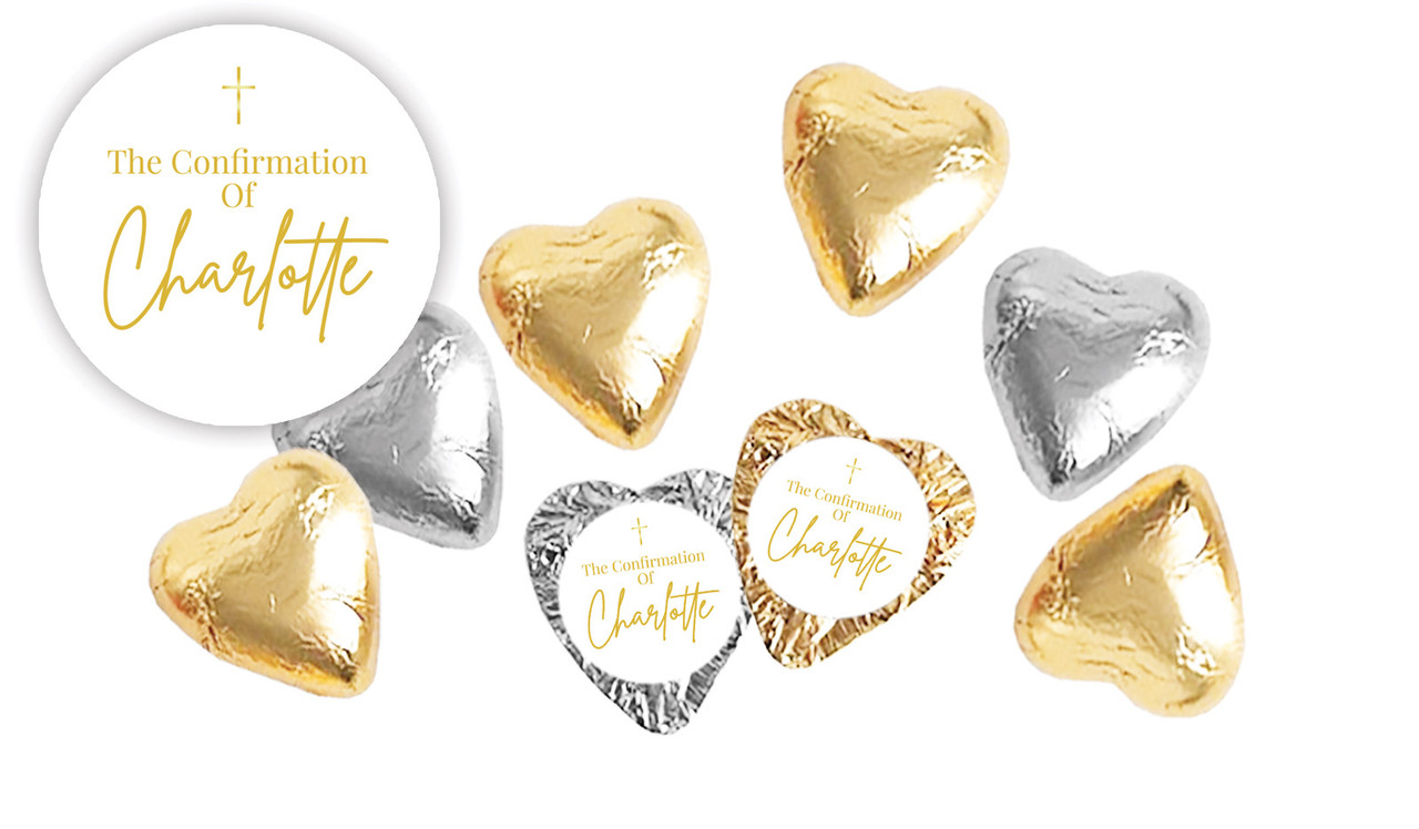 Modern White and Gold Confirmation Personalised Foil Chocolate Hearts