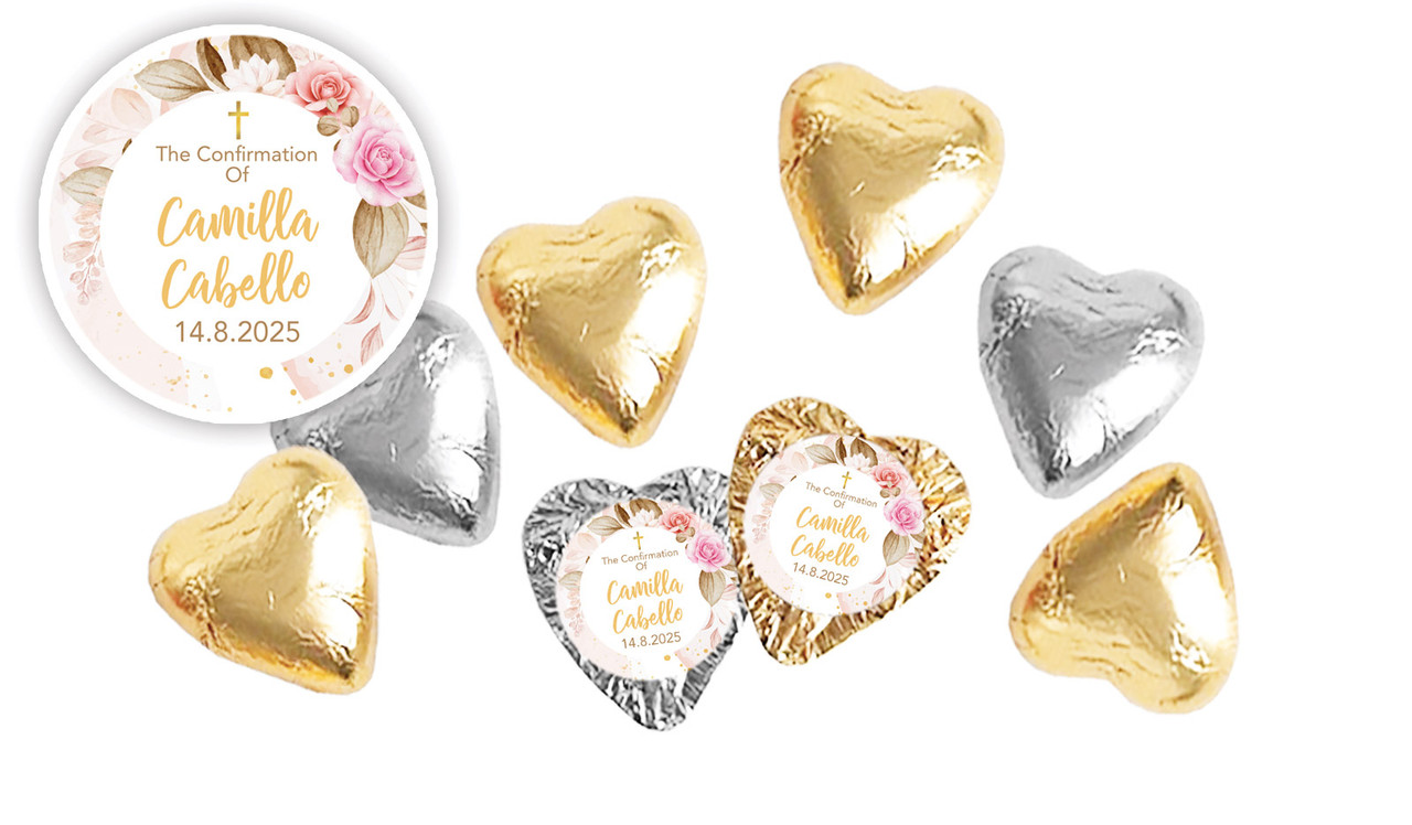 Pretty Roses Confirmation Personalised Foil Chocolate Hearts