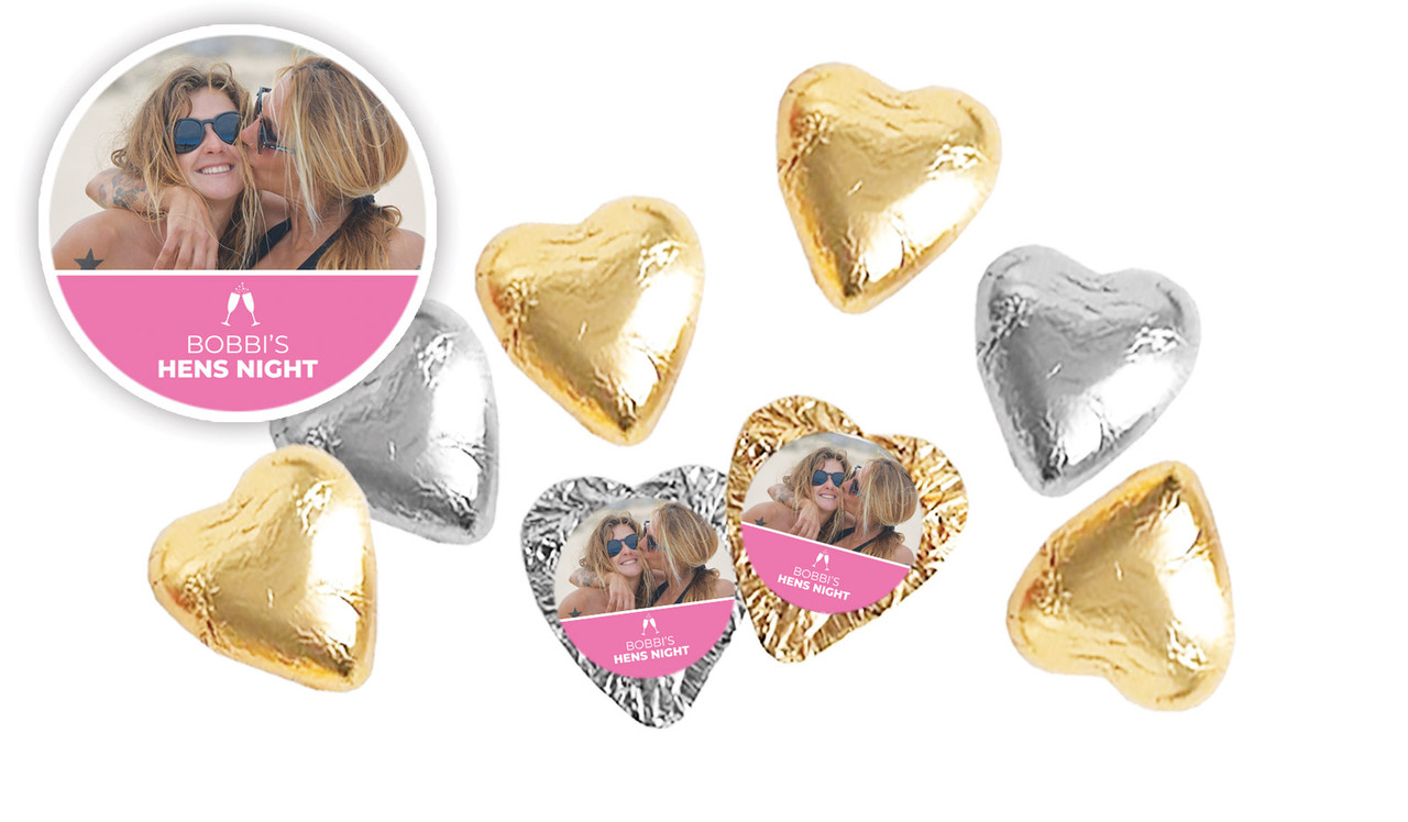 A Photo With Right Box Hens Night Personalised Foil Chocolate Hearts