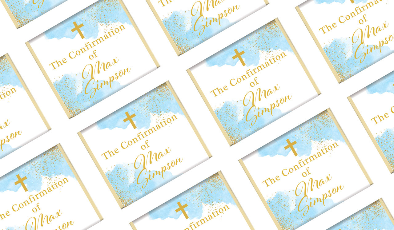 Gold Sparkle on Blue Personalised Confirmation Mini Chocolates