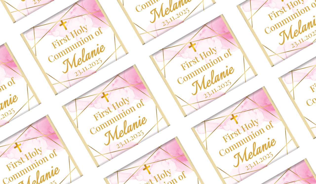 Pink Watercolour with Gold Personalised First Holy Communion Mini Chocolates
