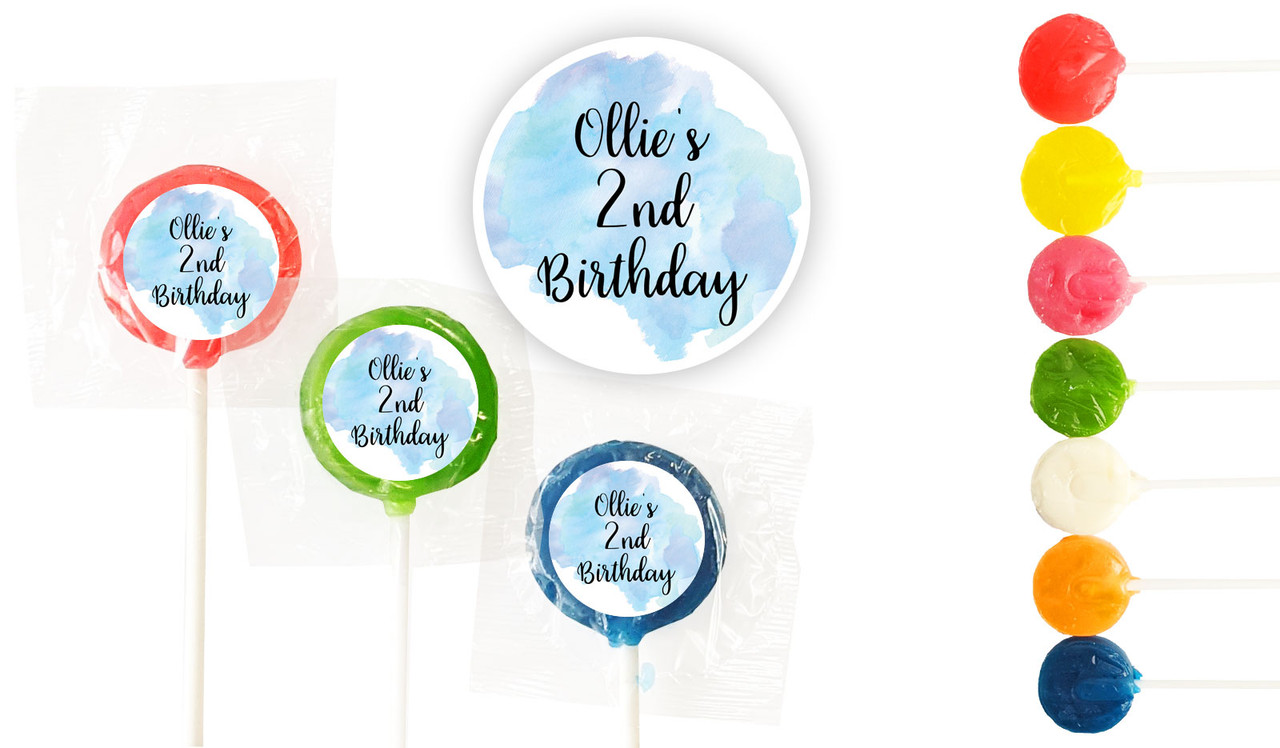 A Splash Of Watercolour Blue Birthday Custom 3cm Mini Lollipops