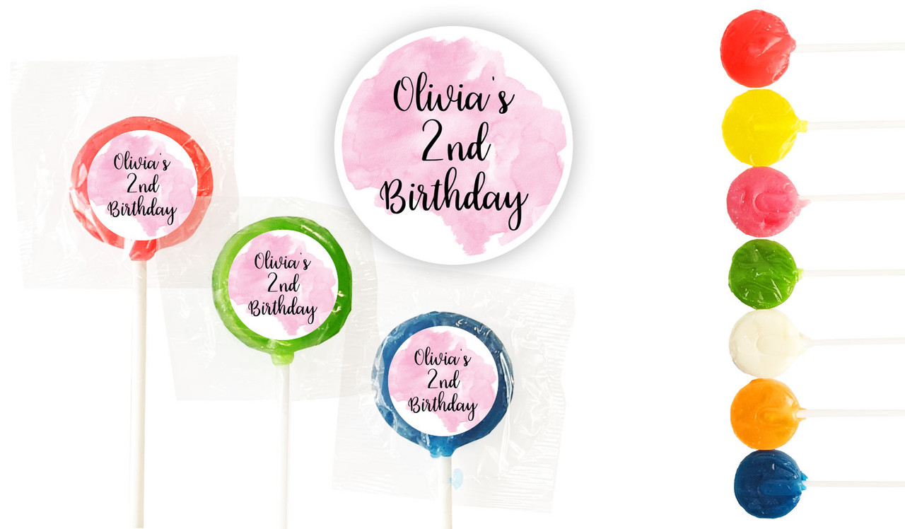 A Splash Of Watercolour Pink Birthday Custom 3cm Mini Lollipops