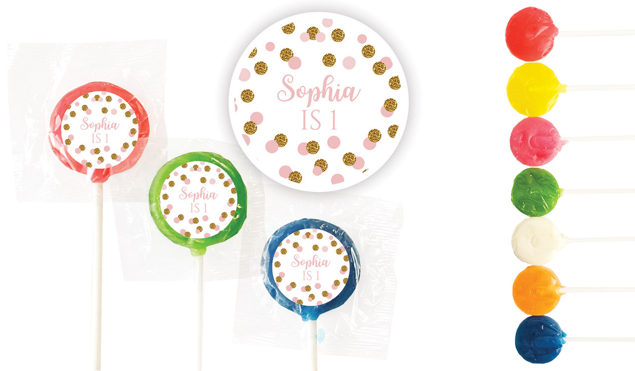 Confetti Pink And Gold Birthday Custom 3cm Mini Lollipops