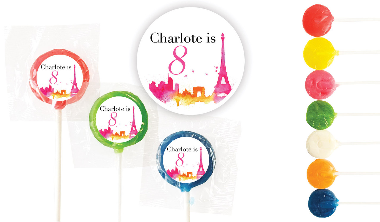Paris Watercolour Birthday Custom 3cm Mini Lollipops