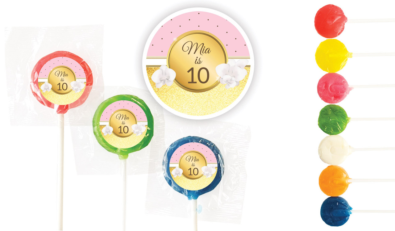 Pink & Gold Birthday Custom 3cm Mini Lollipops