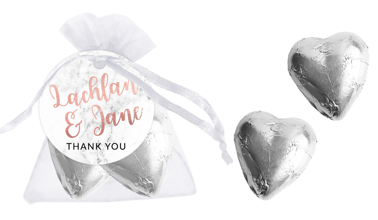 Marble And Rose Gold Engagement Organza Bags With Hearts