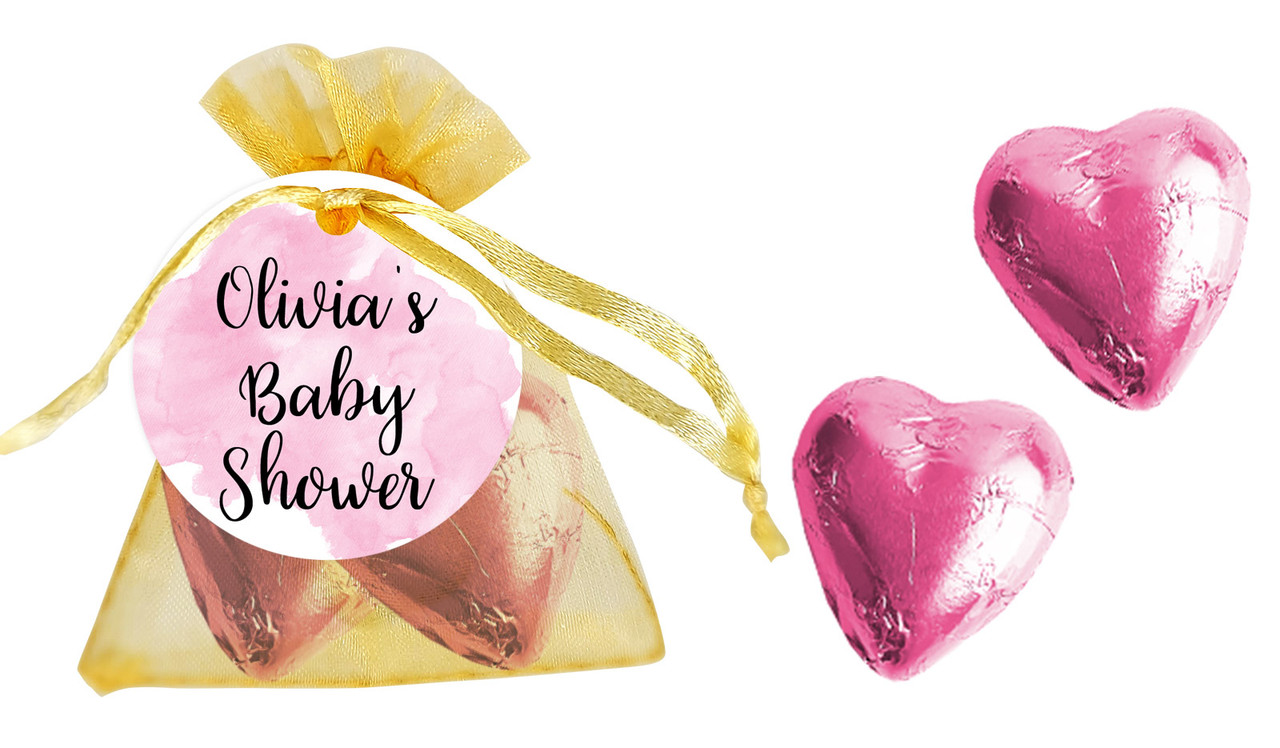 A Splash Of Watercolour Pink Baby Shower Personalised Organza Bag In Gold
