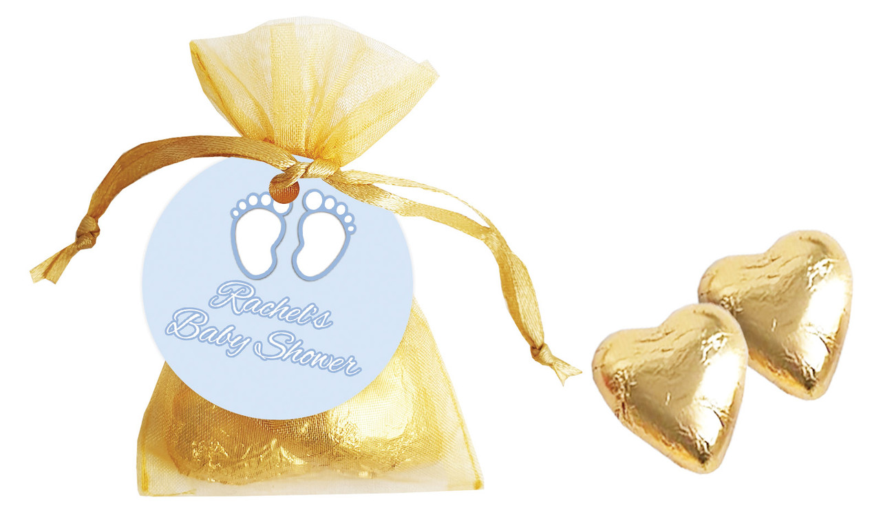 Baby Feet Blue Baby Shower Personalised Organza Bag In Gold
