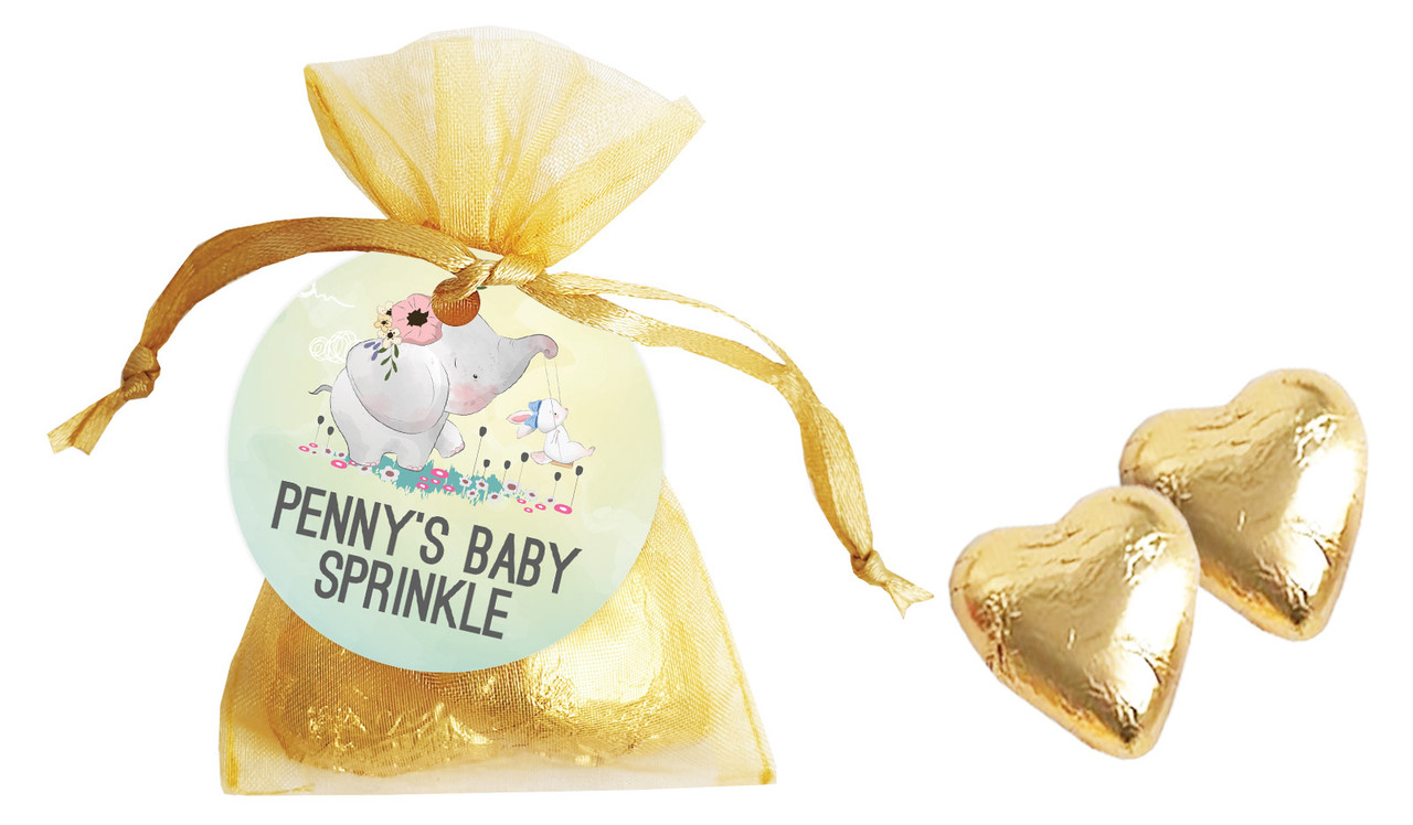 Elephant And Friend Baby Shower Personalised Organza Bag In Gold