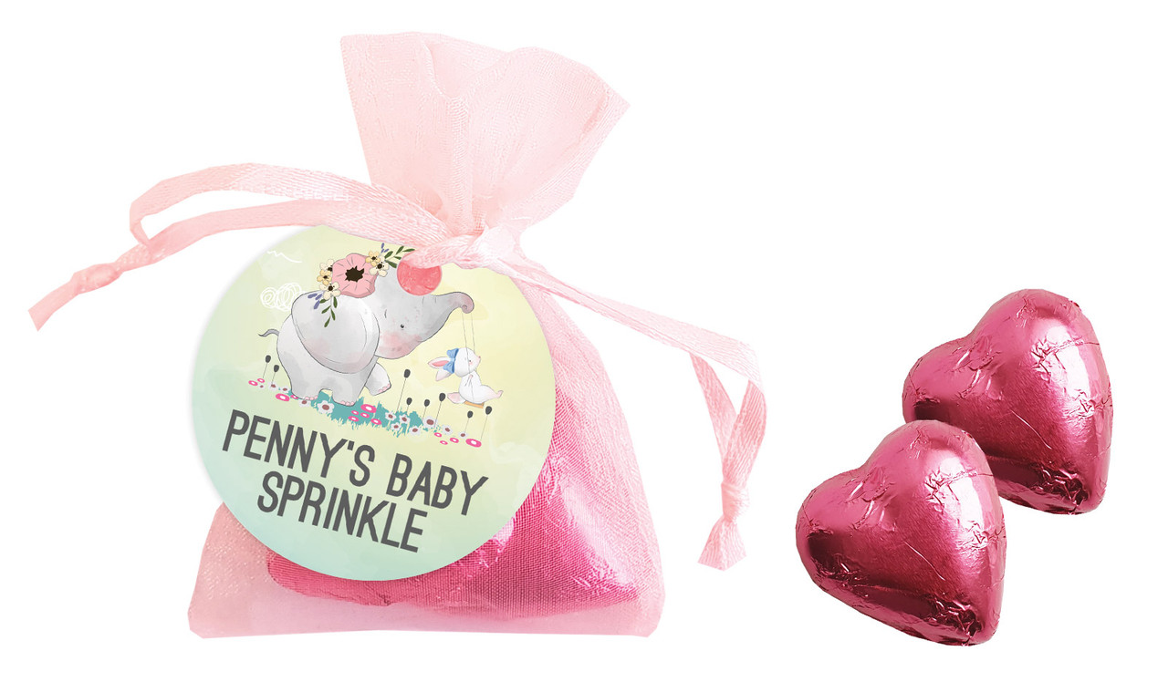 Elephant And Friend Baby Shower Personalised Organza Bag In Pink