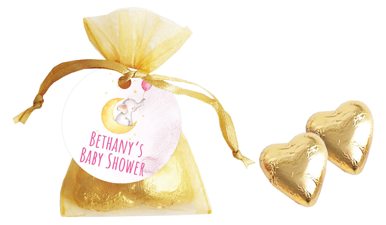 Elephant Moon Pink Baby Shower Personalised Organza Bag In Gold