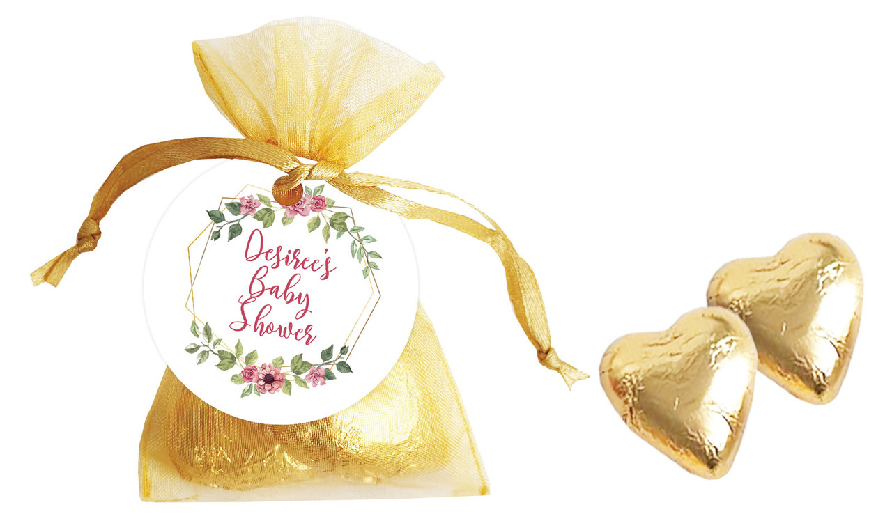 Floral Hexagons Baby Shower Personalised Organza Bag In Gold
