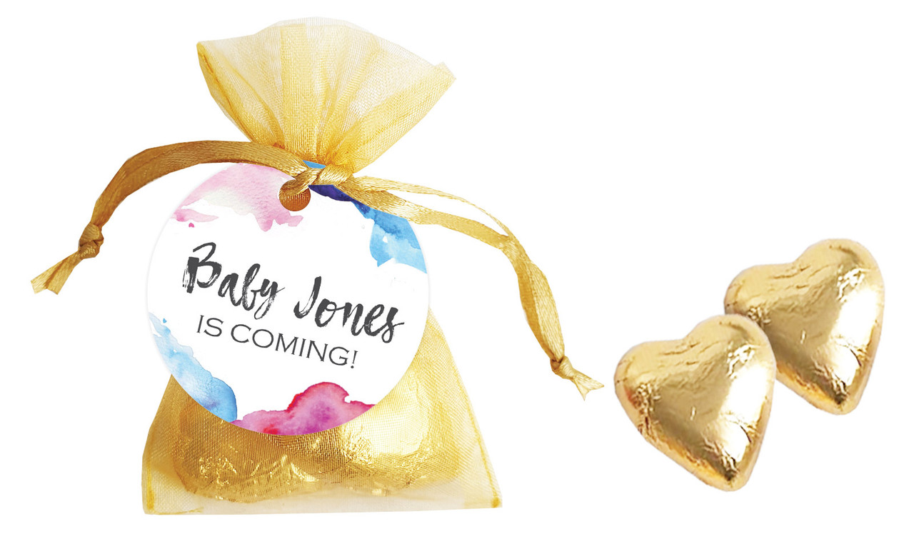 Mixed Watercolour Baby Shower Personalised Organza Bag In Gold