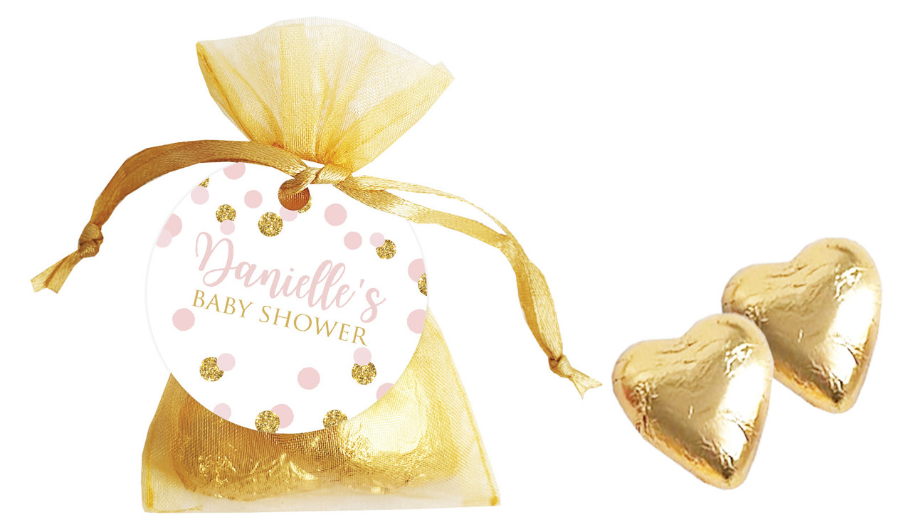 Pink Gold Confetti Baby Shower Personalised Organza Bag In Gold