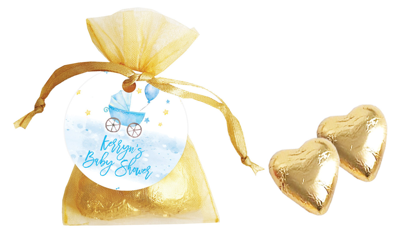 Pram Blue Baby Shower Personalised Organza Bag In Gold