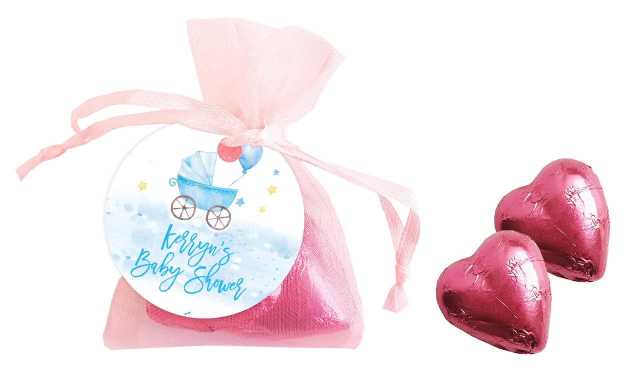 Pram Blue Baby Shower Personalised Organza Bag In Pink