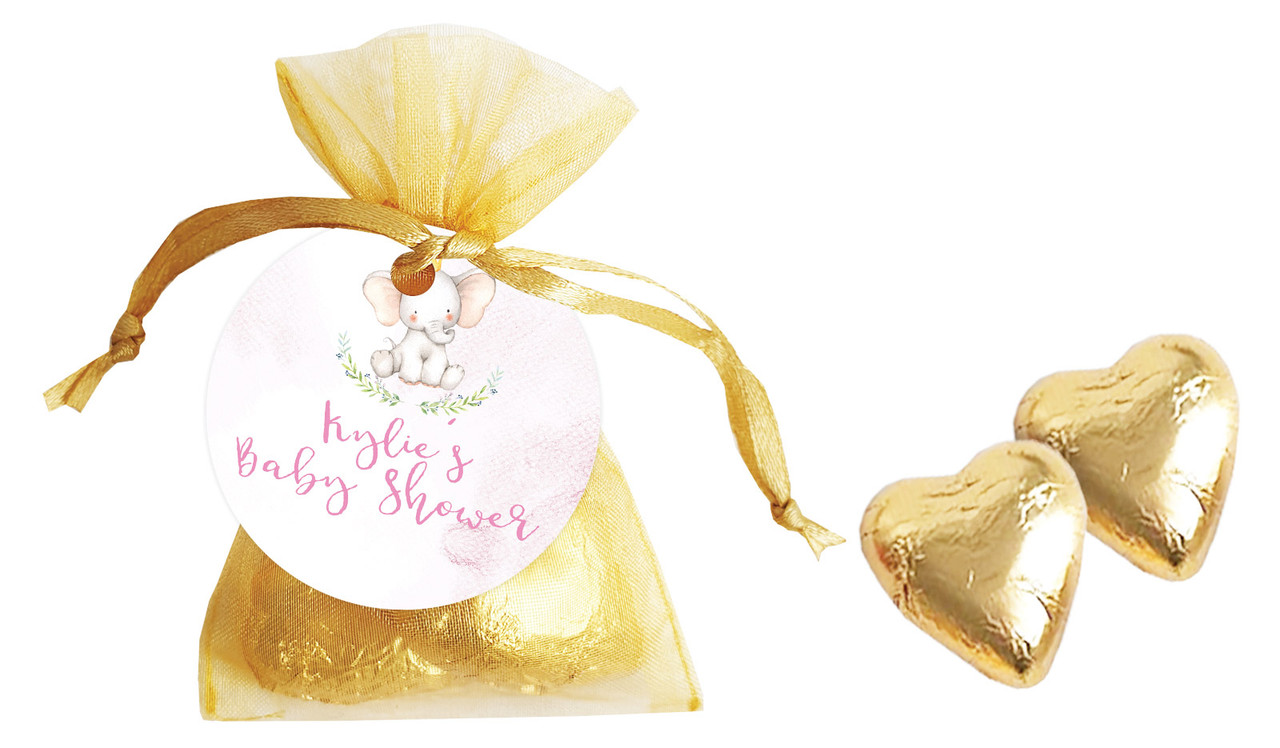 Sitting Elephant Pink Baby Shower Personalised Organza Bag In Gold