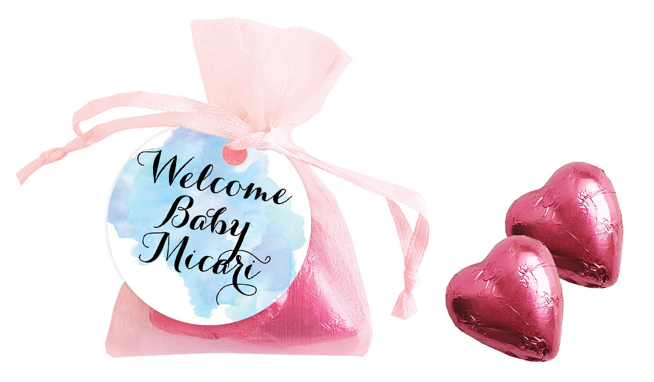 A Splash Of Watercolour Blue Birth Announcement Personalised Organza Bag In Pink