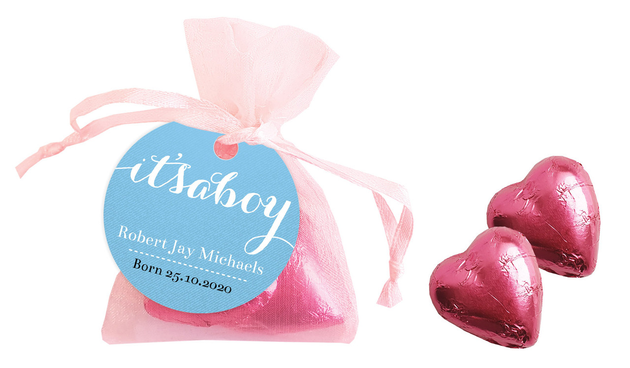 Flowing Words Boys Birth Announcement Personalised Organza Bag In Pink