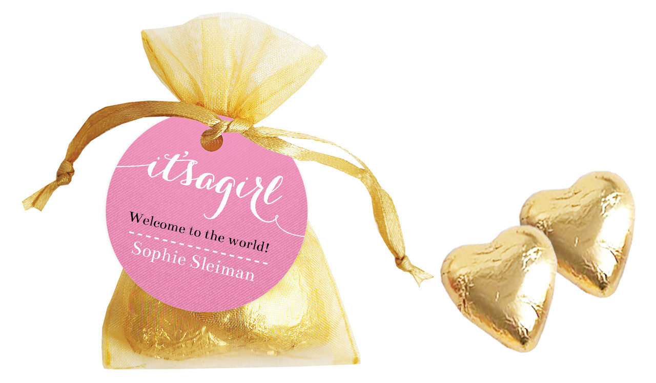 Flowing Words Girls Birth Announcement Personalised Organza Bag In Gold