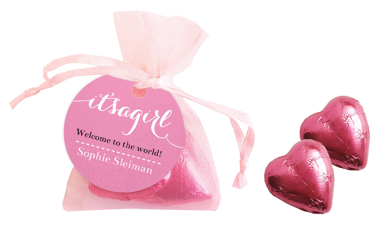 Flowing Words Girls Birth Announcement Personalised Organza Bag In Pink