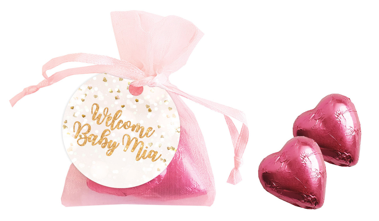 Heart Confetti Birth Announcement Personalised Organza Bag In Pink