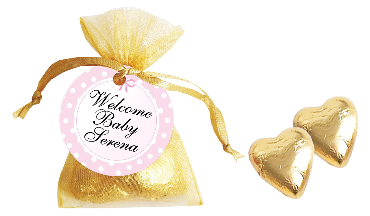 Polkadot Pink Birth Announcement Personalised Organza Bag In Gold