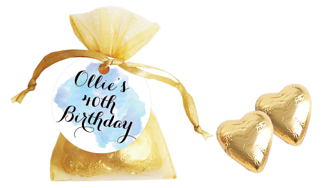 A Splash Of Water Colour Blue Personalised Organza Bag In Gold