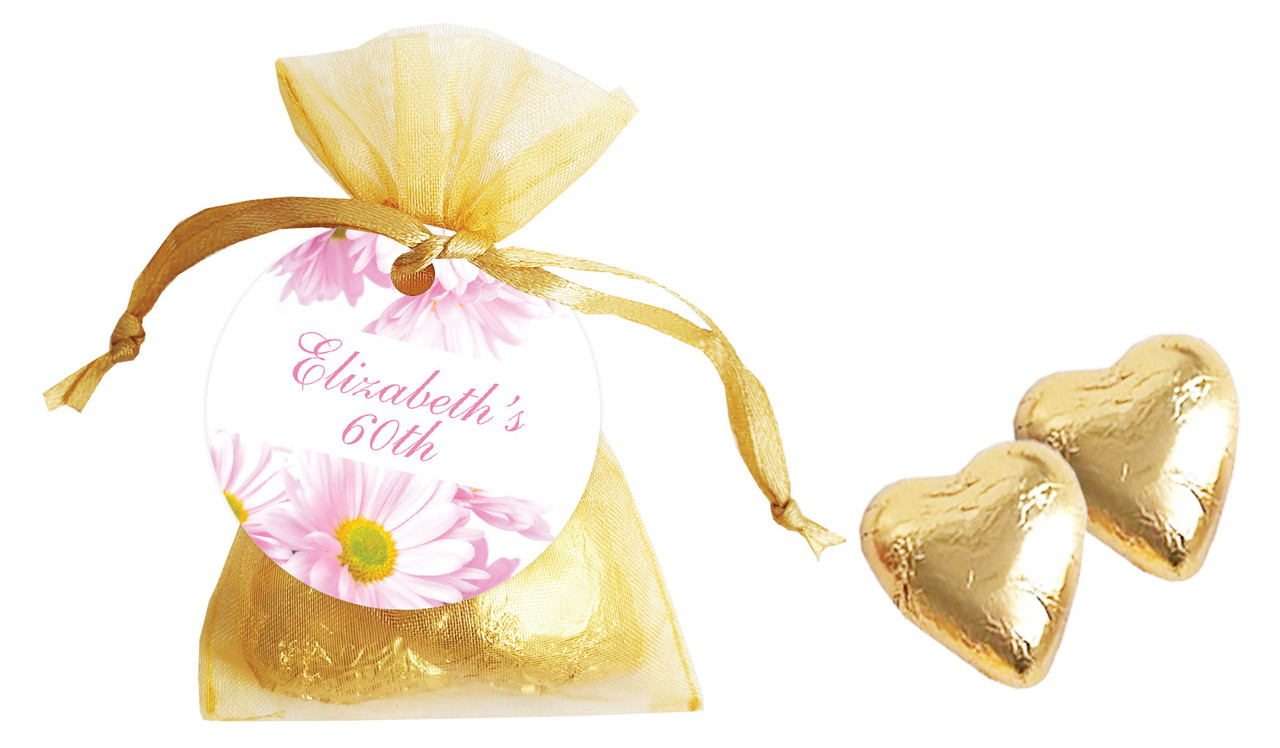 Pink Daisies Personalised Organza Bag In Gold