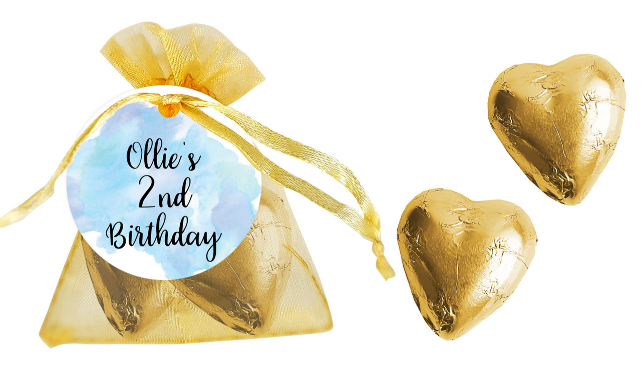 A Splash Of Watercolour Blue Birthday Personalised Organza Bag In Gold