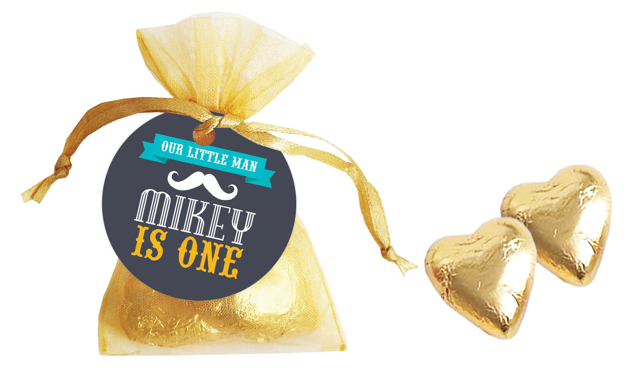 Little Man Moustache Birthday Personalised Organza Bag In Gold