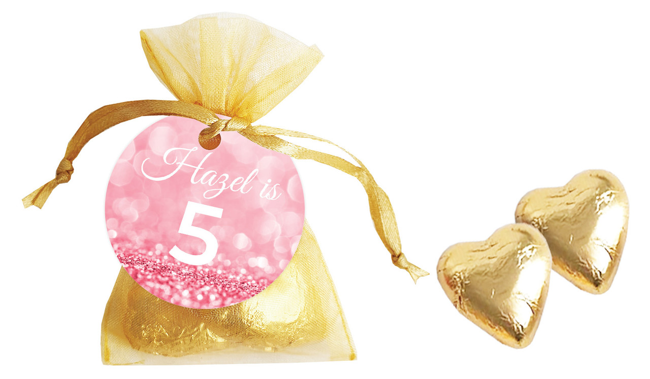 Pink Glitter Birthday Personalised Organza Bag In Gold