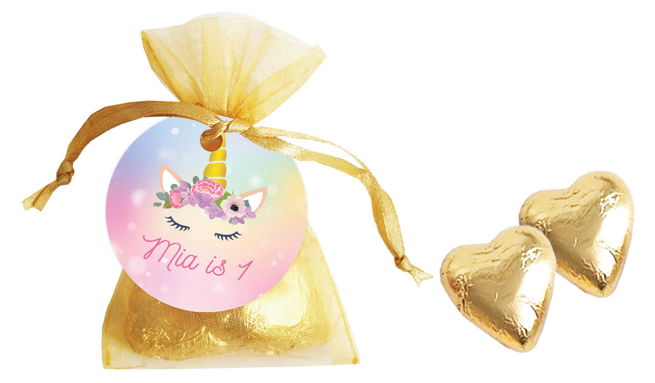 Sparkle Unicorn Birthday Personalised Organza Bag In Gold