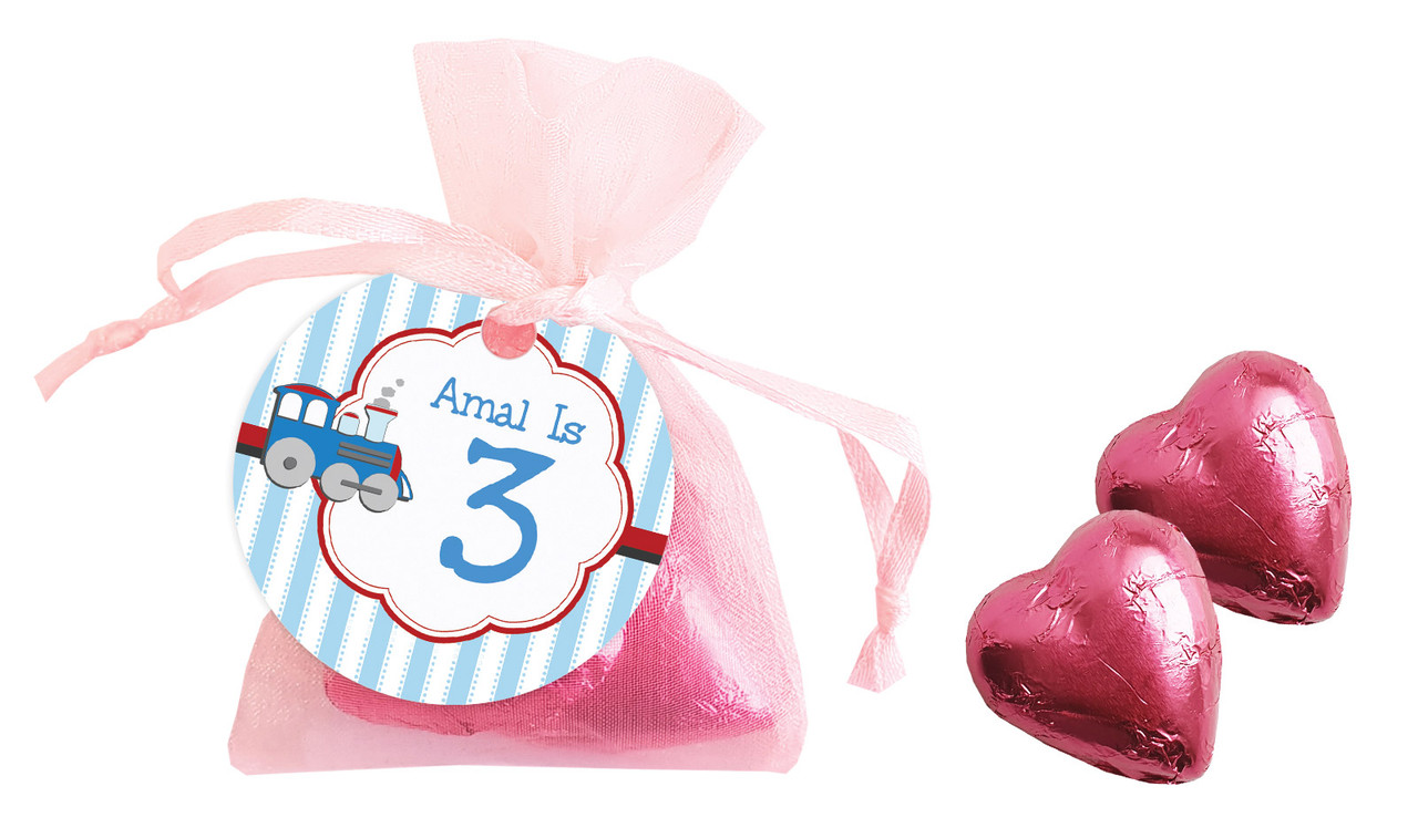 Toy Train Birthday Personalised Organza Bag In Pink