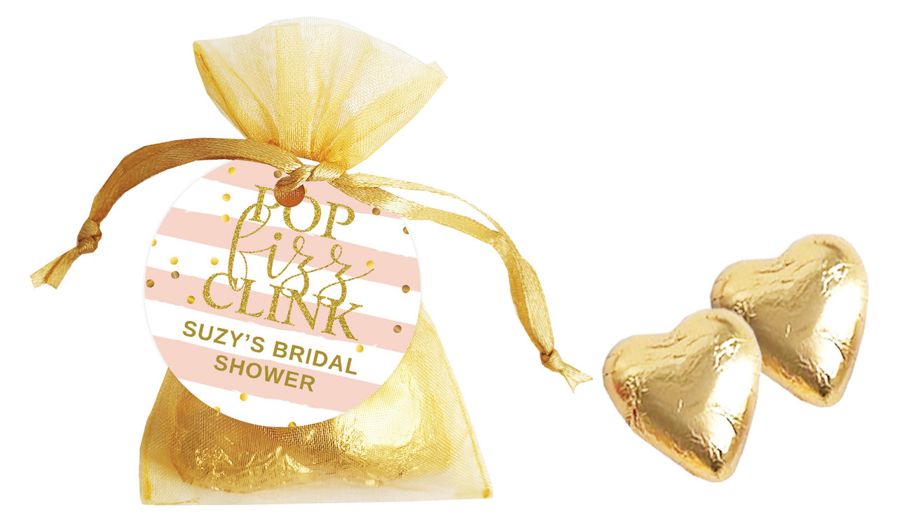 Pop Fizz Clink Bridal Shower Personalised Organza Bag In Gold