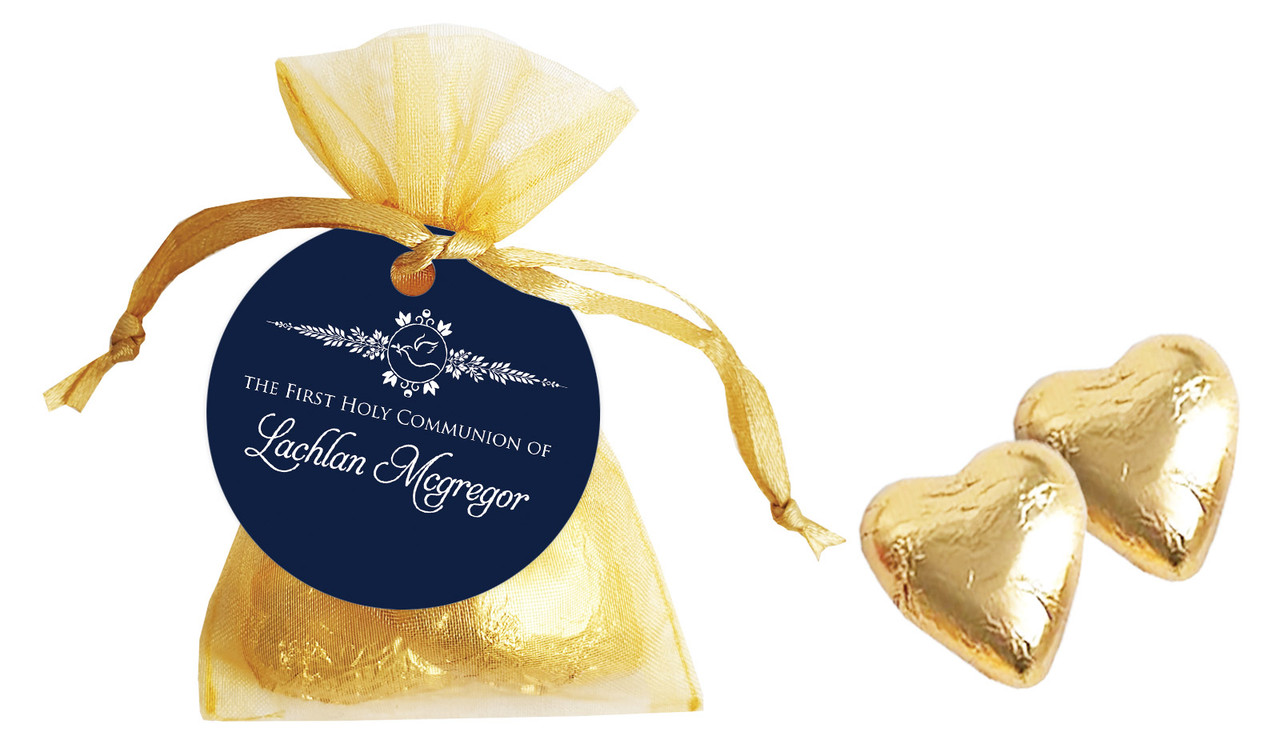 Dove Crest Blue Communion Personalised Organza Bag In Gold