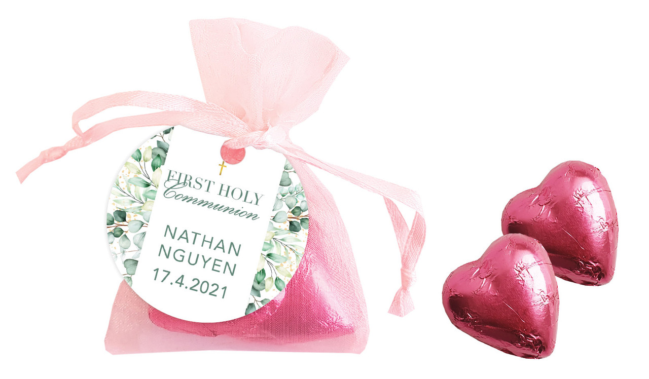 Eucalyptus Watercolour Communion Personalised Organza Bag In Pink