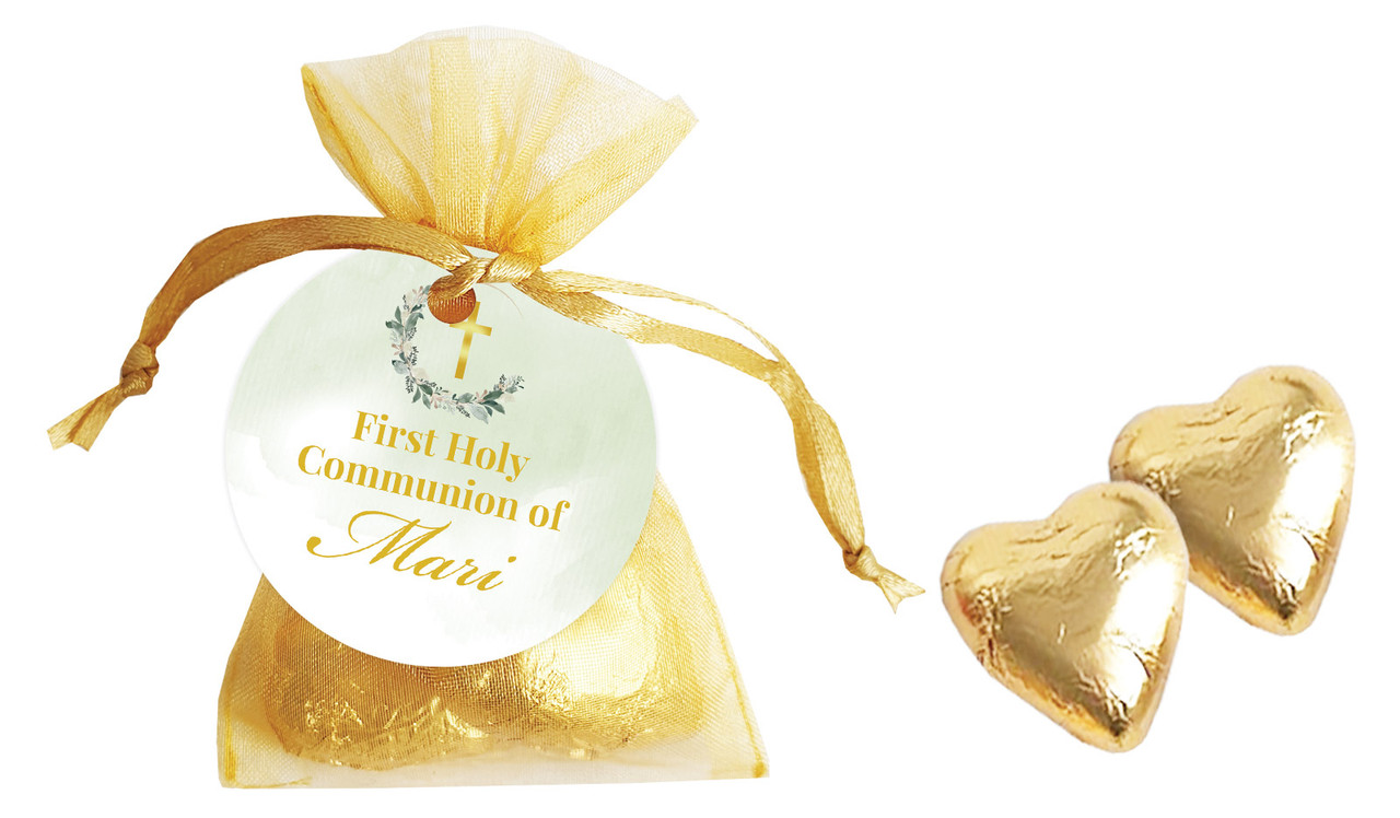 Greenery Hoop Communion Personalised Organza Bag In Gold