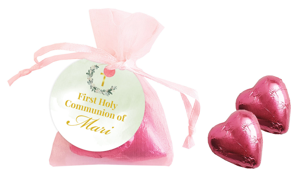 Greenery Hoop Communion Personalised Organza Bag In Pink
