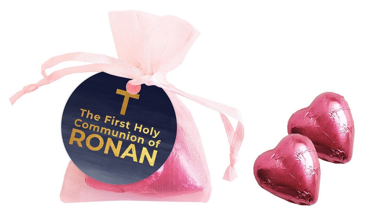 Navy Blue Watercolour Communion Personalised Organza Bag In Pink