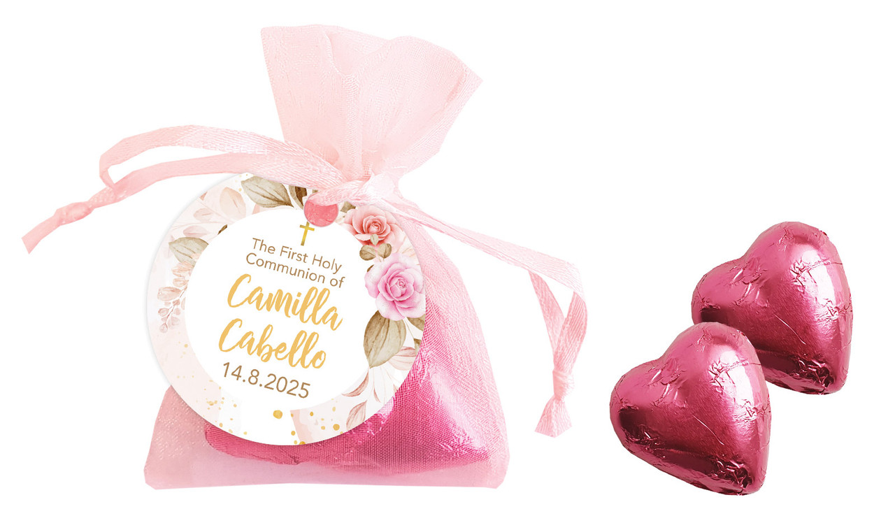 Pretty Roses Communion Personalised Organza Bag In Pink