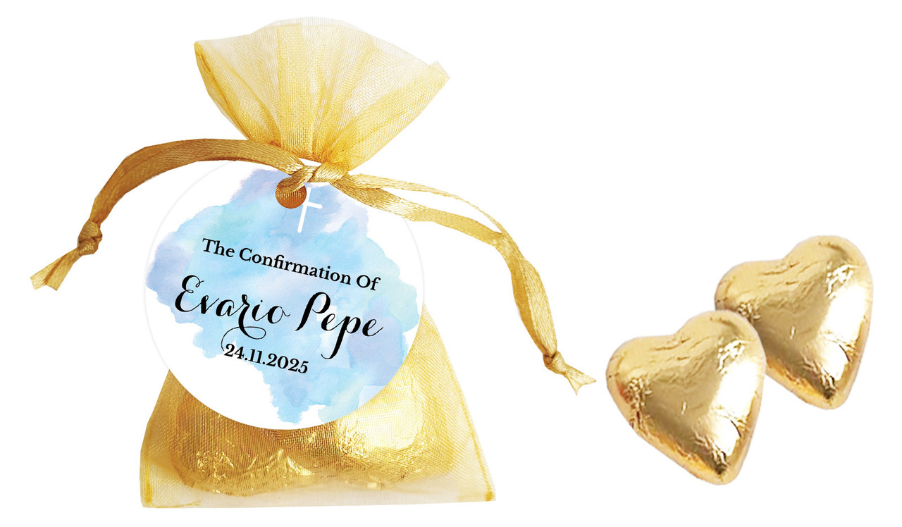 A Splash Of Watercolour Blue Confirmation Personalised Organza Bag In Gold