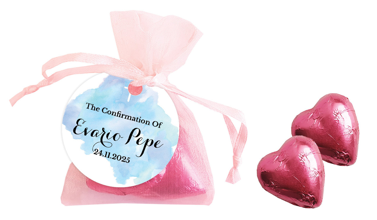 A Splash Of Watercolour Blue Confirmation Personalised Organza Bag In Pink