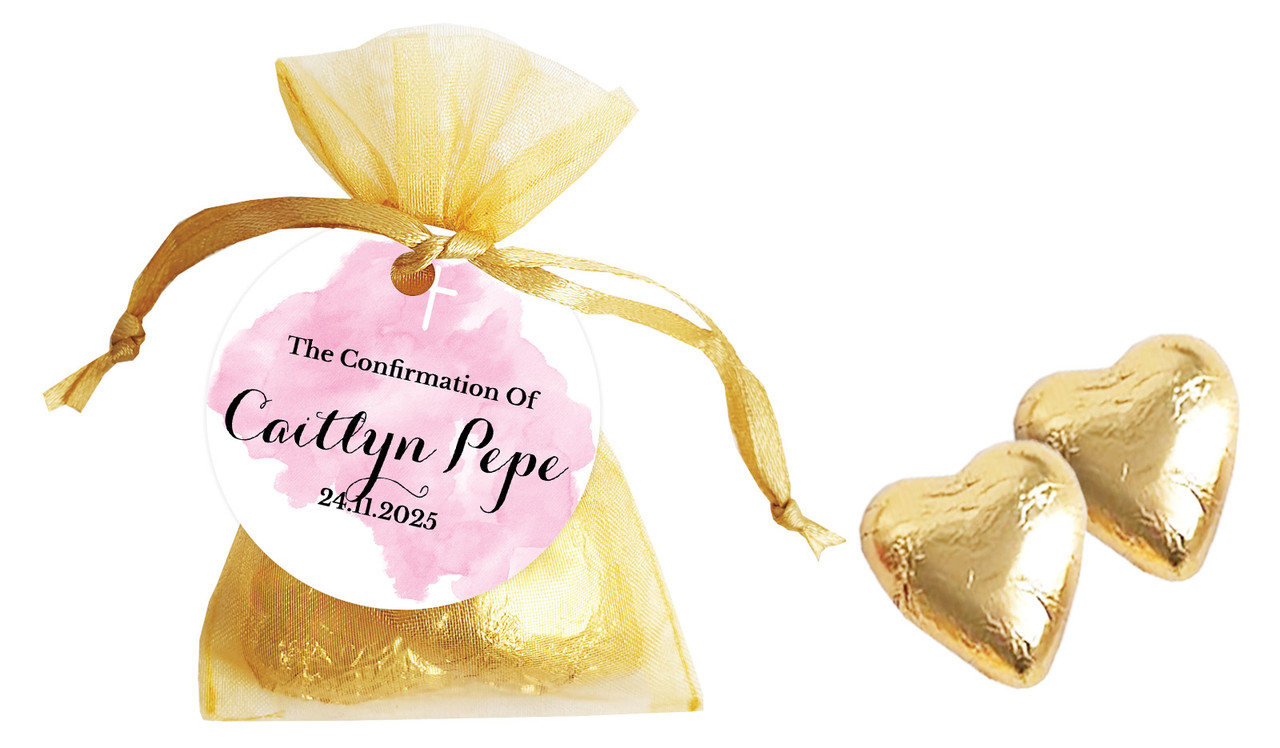A Splash Of Watercolour Pink Confirmation Personalised Organza Bag In Gold