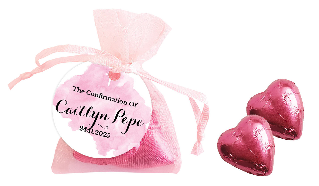 A Splash Of Watercolour Pink Confirmation Personalised Organza Bag In Pink