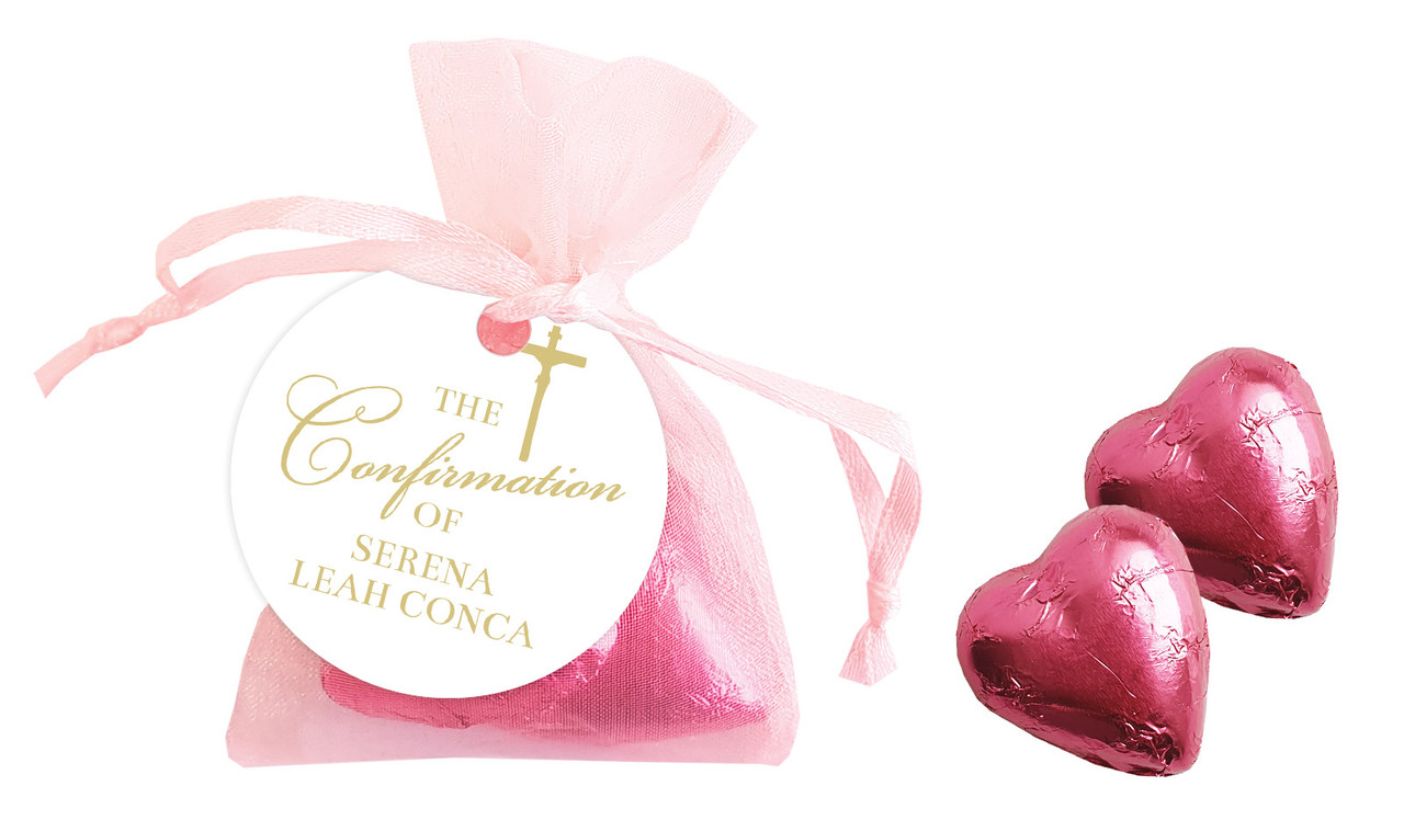 Gold Writing Confirmation Personalised Organza Bag In Pink
