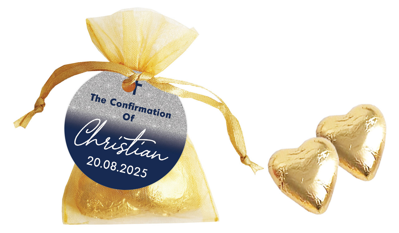 Blue and Silver glitter Confirmation Personalised Organza Bag In Gold