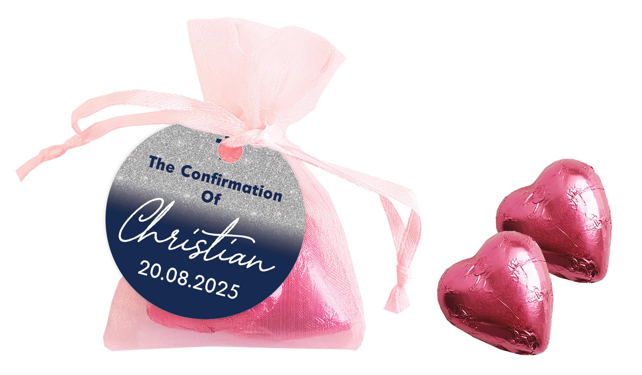 Blue and Silver glitter Confirmation Personalised Organza Bag In Pink